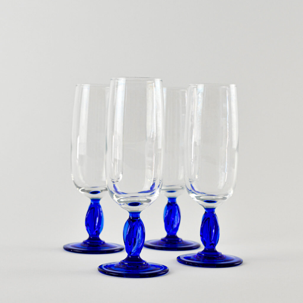 Champagne glasses - oval faceted in cobalt blue stem - set of 4